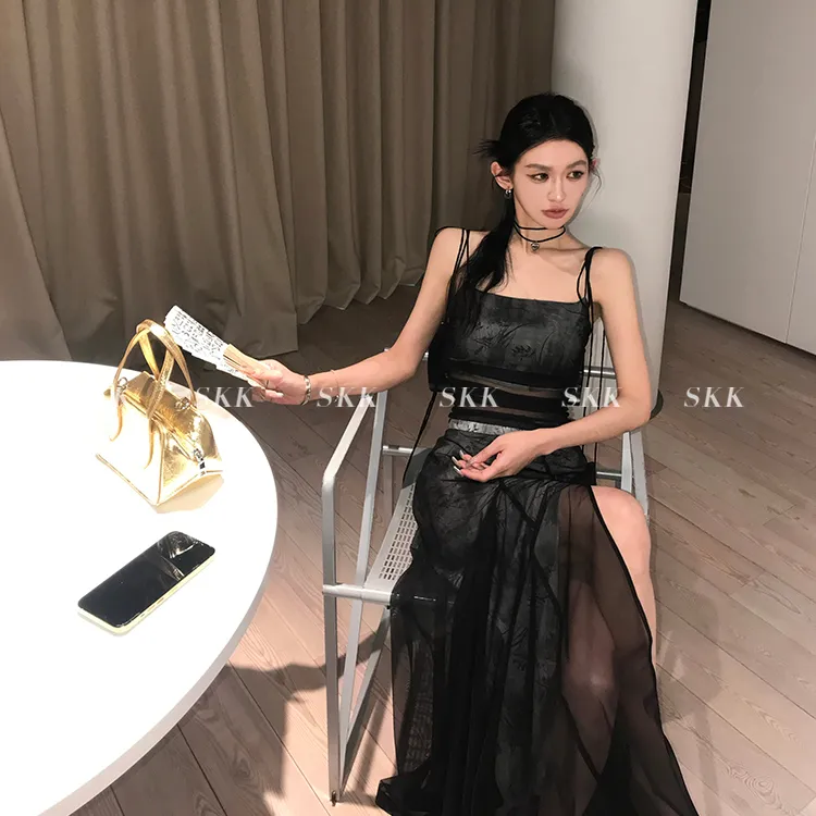 Skk Store京洛佳人 禁欲风中式网纱吊带蕾丝裙子套装女夏