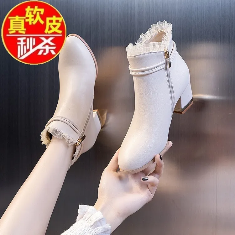 品牌断码真软皮马丁短靴2025新款秋冬粗跟中跟加绒棉鞋筒软底单靴
