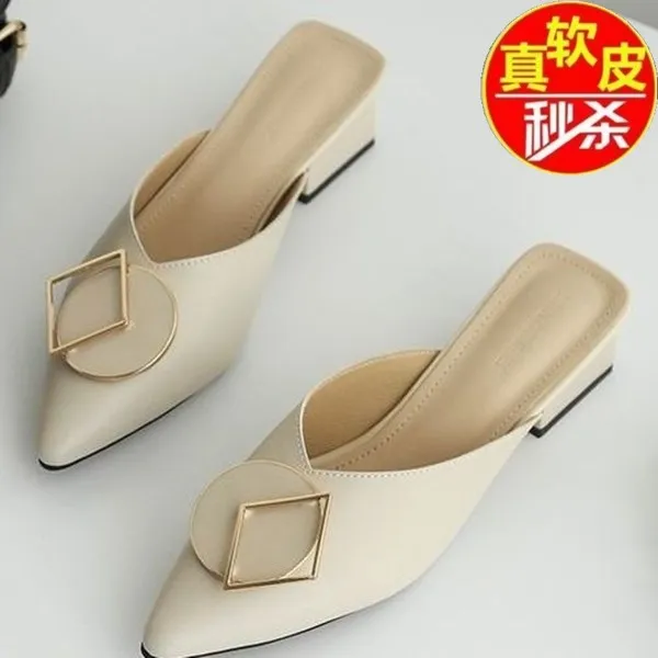 真软皮包头半拖鞋女2025新款外穿百搭中粗跟懒人穆勒鞋尖头凉拖鞋