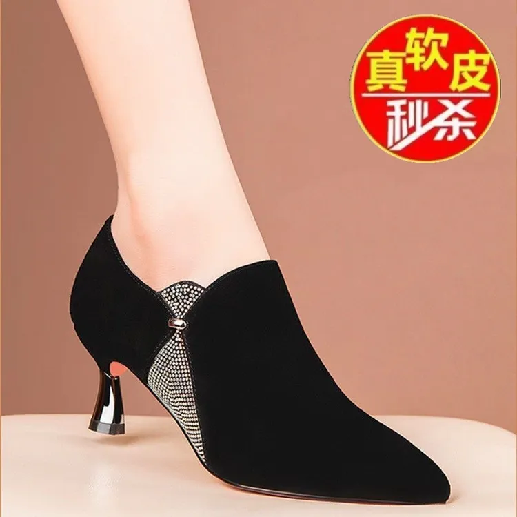 品牌断码真软皮绒面单靴短靴女春新款高跟鞋女细跟深口软女鞋中跟