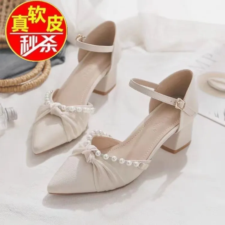 品牌断码真软皮玛丽珍鞋春新款浅口尖头粗高跟仙女风包头凉鞋单鞋