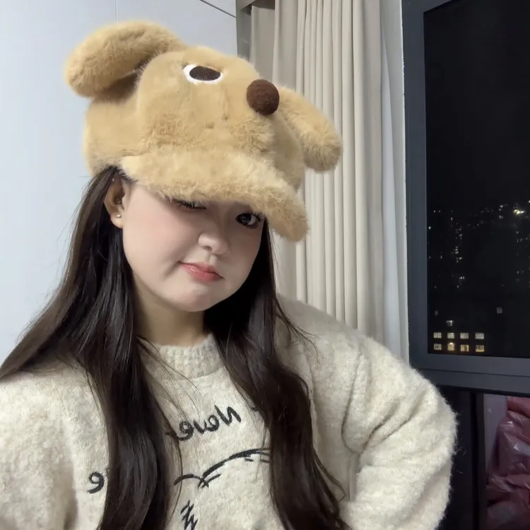 怒气可爱小狗八角帽贝雷帽女冬季暖棕色毛绒大版棒球帽帽子
