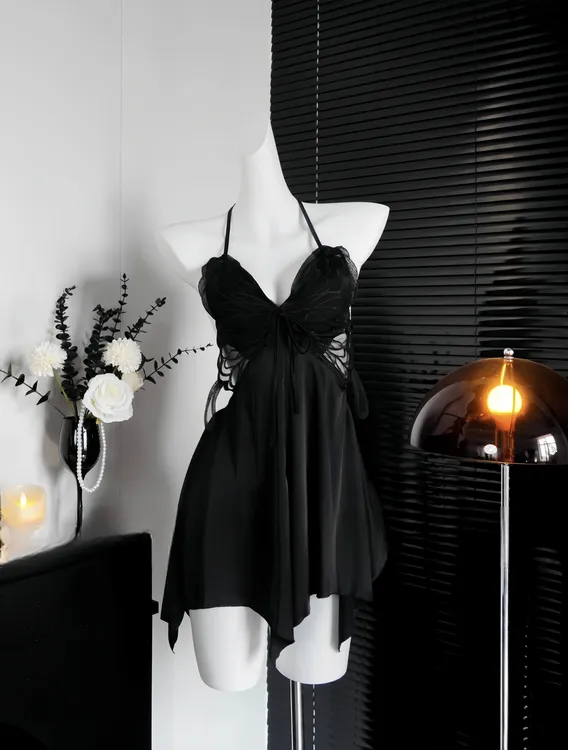 秘优【梦蝶尤物】凤尾蝶性感蕾丝诱惑冰丝吊带露背连衣裙纯欲显瘦