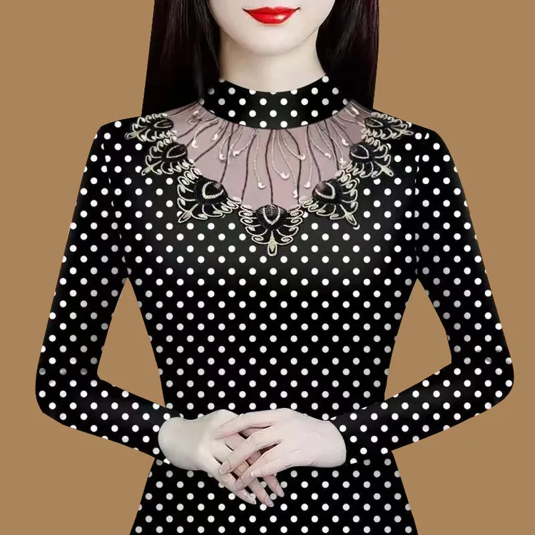 2025秋冬新款洋气修身显瘦波点镂空拼接保暖打底衫3732