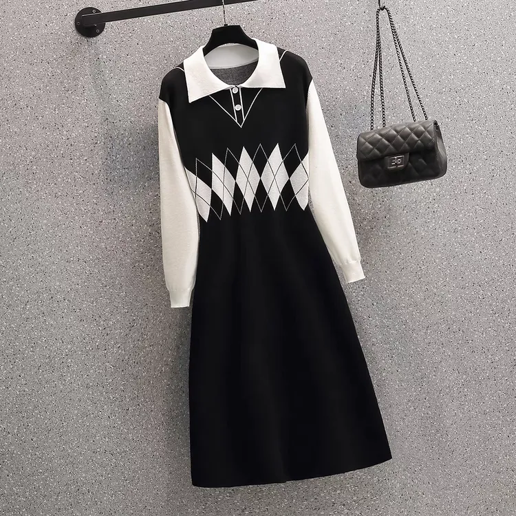新款polo领假两件毛织秋冬新款菱格高腰减龄显瘦时尚修身女连衣裙