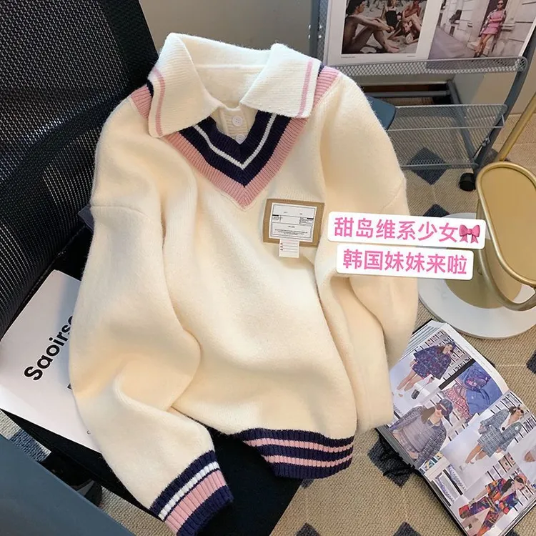 日系假两件学院风polo毛衣女2023年新款学生党学妹风百搭