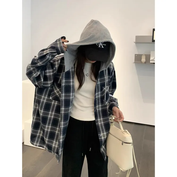 休闲连帽磨毛格子拼接长袖衬衫女秋季2024新款中长款复古外套上衣