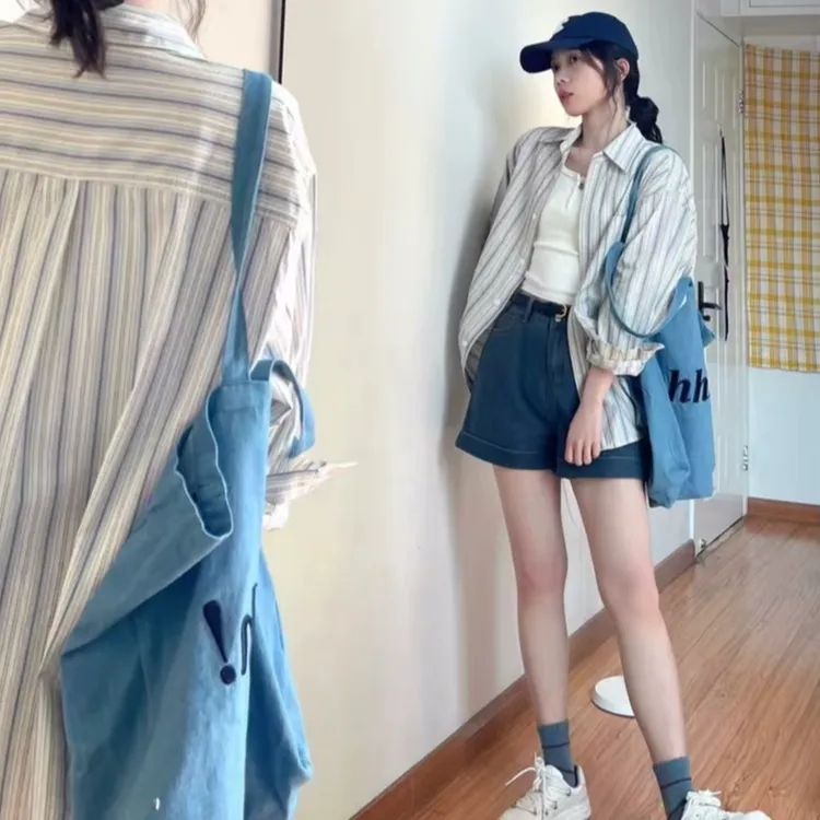 设计感上衣外套小个子时尚休闲盐系少女宽松条纹慵懒中长款衬衫女