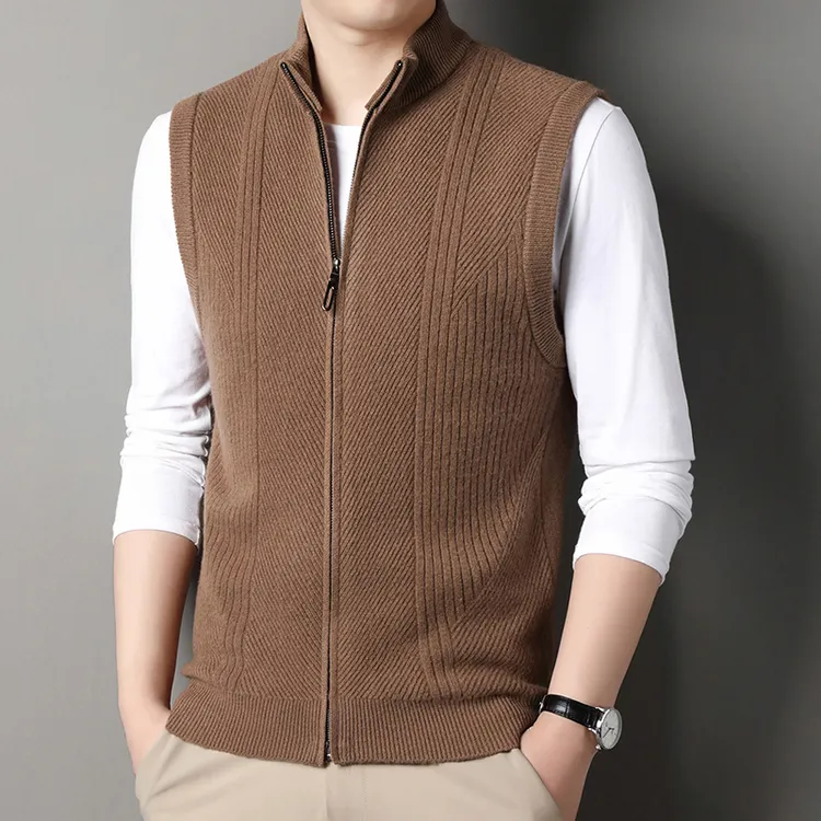 100%纯羊毛男士立领开衫背心新款加厚羊毛衫时尚休闲男装保暖毛衣