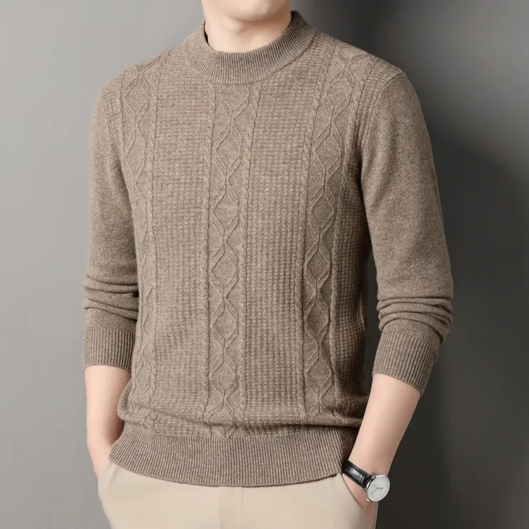 秋冬中年男士羊毛衫新款毛衣爸爸圆领针织男装提花羊绒衫打底衫