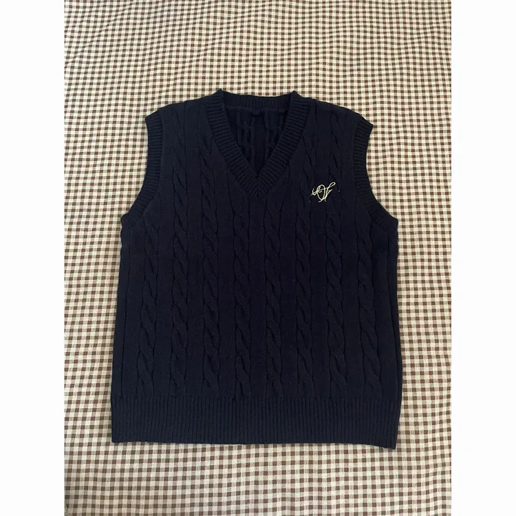 秋冬韩版新款刺绣搭配藏青色马甲毛衣学院风