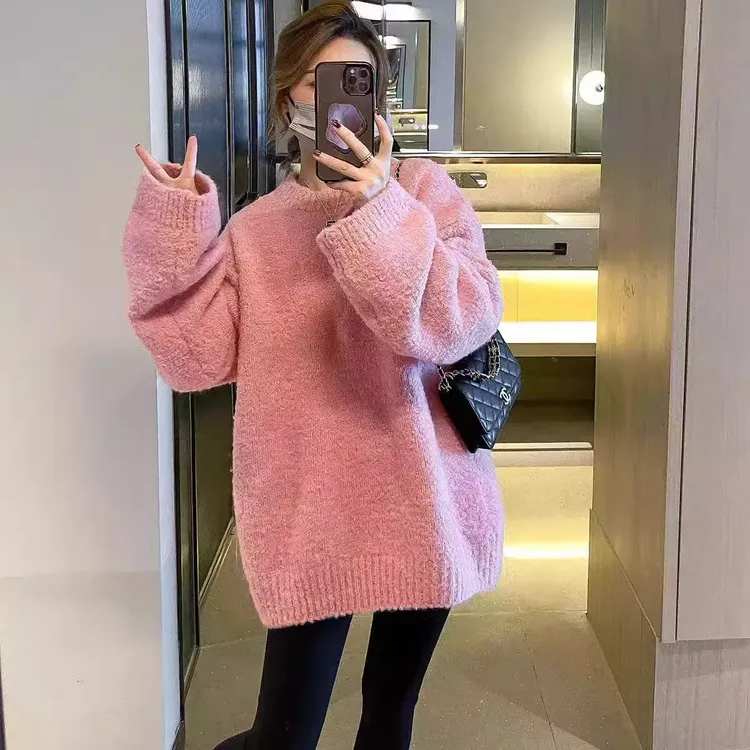 温柔风粉色毛衣女2024秋冬宽松慵懒风加厚外穿针织衫软糯长袖上衣