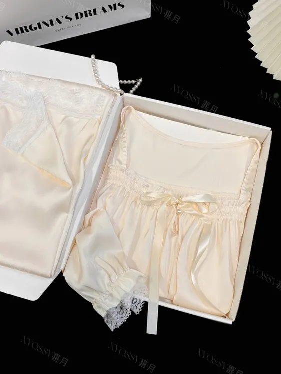 暮白法式轻奢高级感蝴蝶结冰丝睡衣女舒适简约少女可外家居服套装