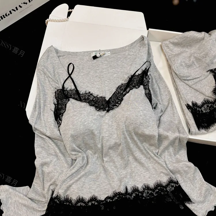 藤雾灰色性感气质蕾丝睡衣女纯欲舒适家居服代尔棉长袖三件套装