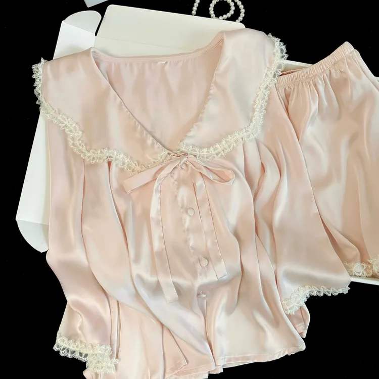 樱曼法式睡衣蕾丝气质新款冰丝薄款宫廷风甜美七分袖短裤家居套装