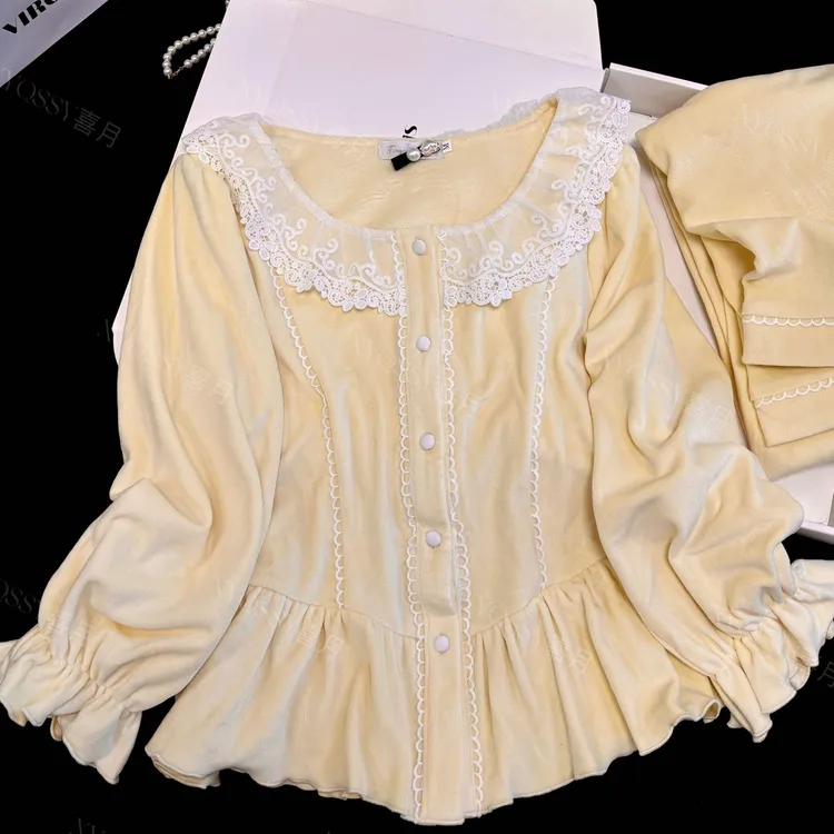 港岛秋冬法式公主蕾丝海岛绒新款睡衣长袖女舒适家居服套装可外穿