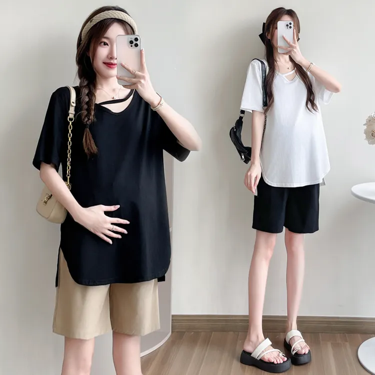 【晨妈】孕妇装套装夏装2025新款V领上衣+短裤两件套装宽松女