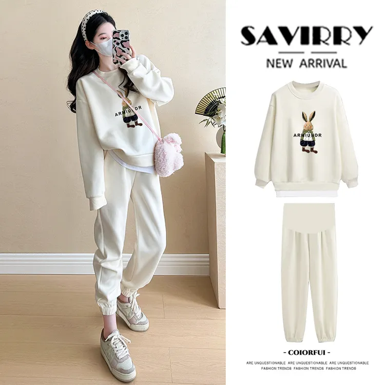 孕妇装秋季慵懒风套装2025新款穿搭假两件上衣裤子女两件套秋装