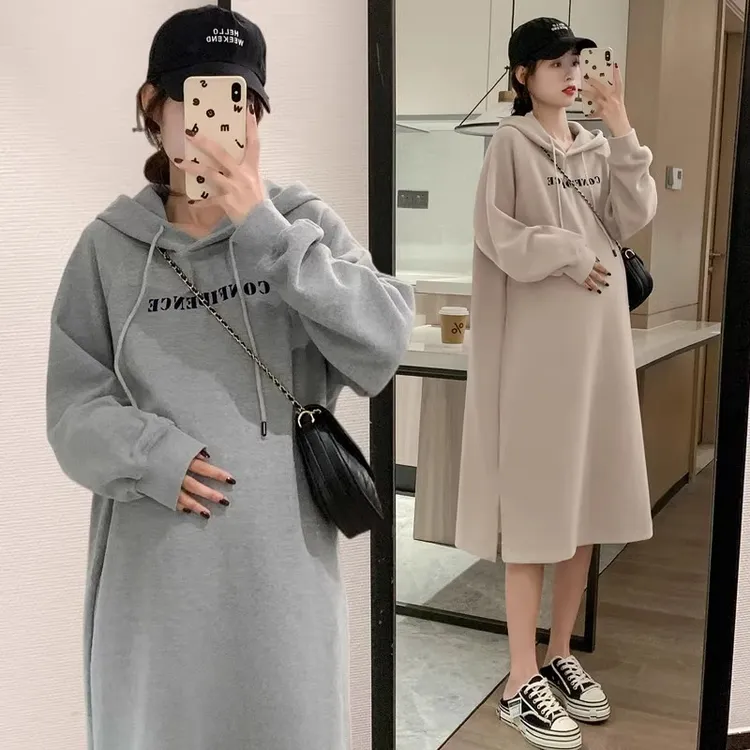 孕妇装秋冬装时尚辣妈款字母卫衣裙子潮妈连帽中长款孕妇连衣裙秋