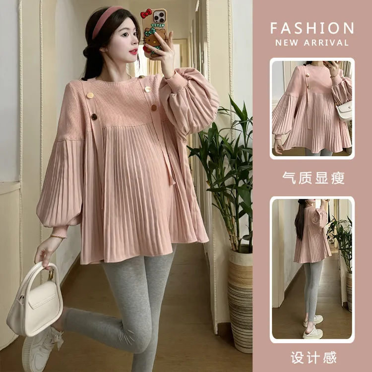 孕妇装2025春季网红针织拼接灯笼袖遮肚显瘦上衣孕妇春秋百褶裙潮