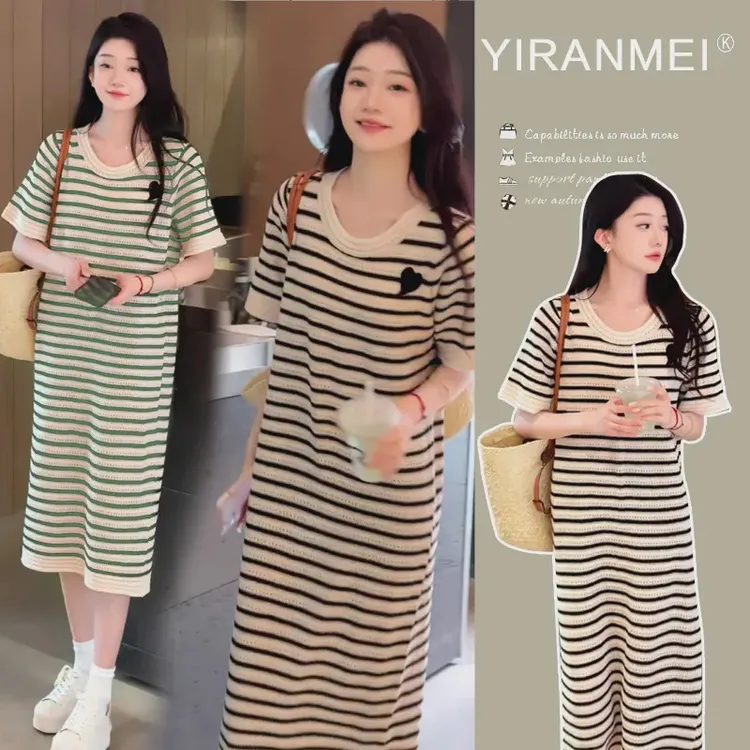 孕妇夏装连衣裙夏季孕期镂空条纹中长款短袖裙子气质显瘦薄怀孕裙