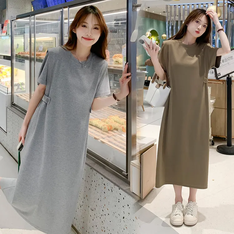 2025夏装新款韩版孕妇宽松大码显瘦气质纯色圆领连衣裙外穿