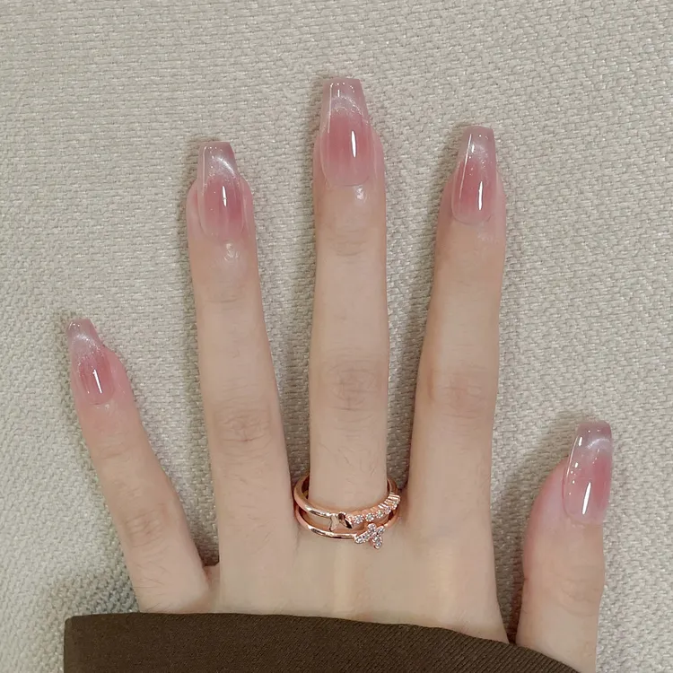 南桥映月 手工穿戴甲裸粉色猫眼中梯通勤气质温柔显白美甲贴片