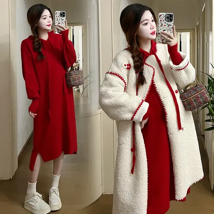 孕妇装秋冬套装2025新款时尚宽松加厚大衣外套显瘦连帽裙子网红款