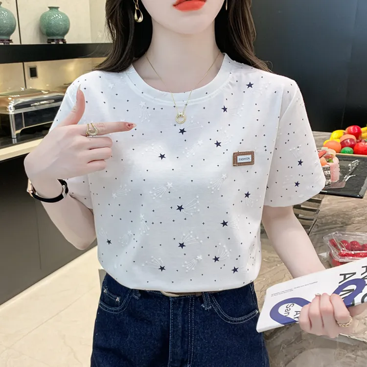 棉质短袖t恤女夏装2025新款宽松遮肚子印花设计感百搭体恤上衣潮