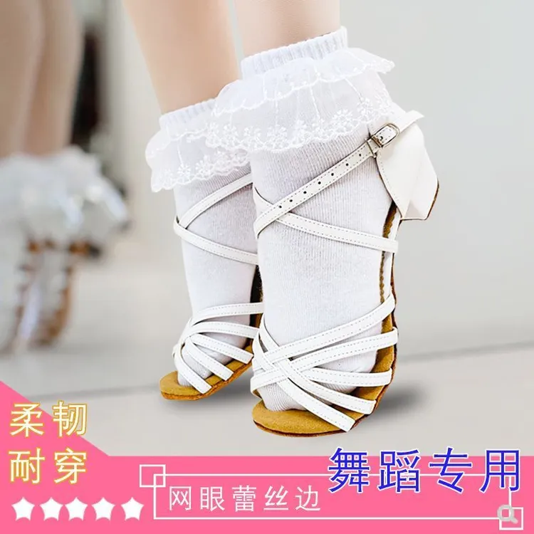 花边袜拉丁舞蹈女童蕾丝公主袜配皮鞋网眼薄款表演纯棉白色儿童袜