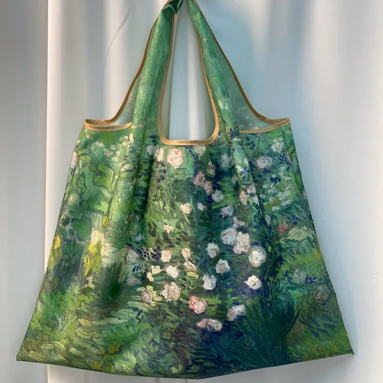 绿色油画购物袋环保可折叠折叠便携单肩超市大容量买菜收纳袋手提