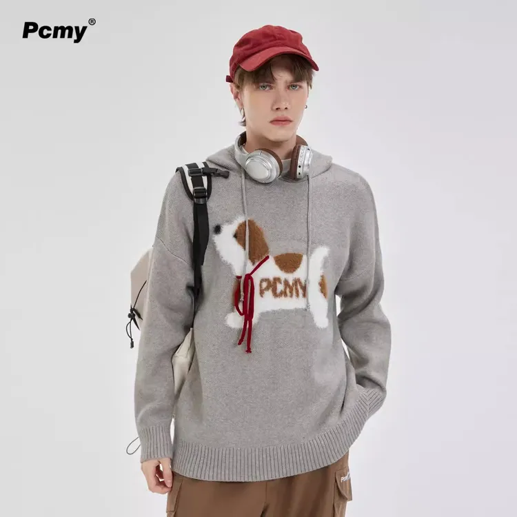 PCMY围脖小狗陈添祥同款潮牌针织衫连帽男女情侣装高级感慵懒毛衣