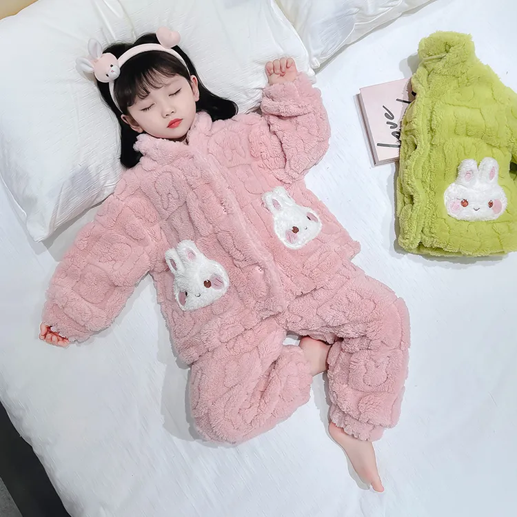 可爱兔子女童睡衣秋冬北极绒宝宝女孩珊瑚绒开衫套装女小童家居服