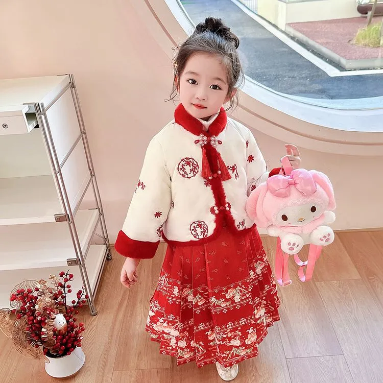 汉服女童冬装宝宝拜年服中国风唐装红色冬季加厚套装过年喜庆服装