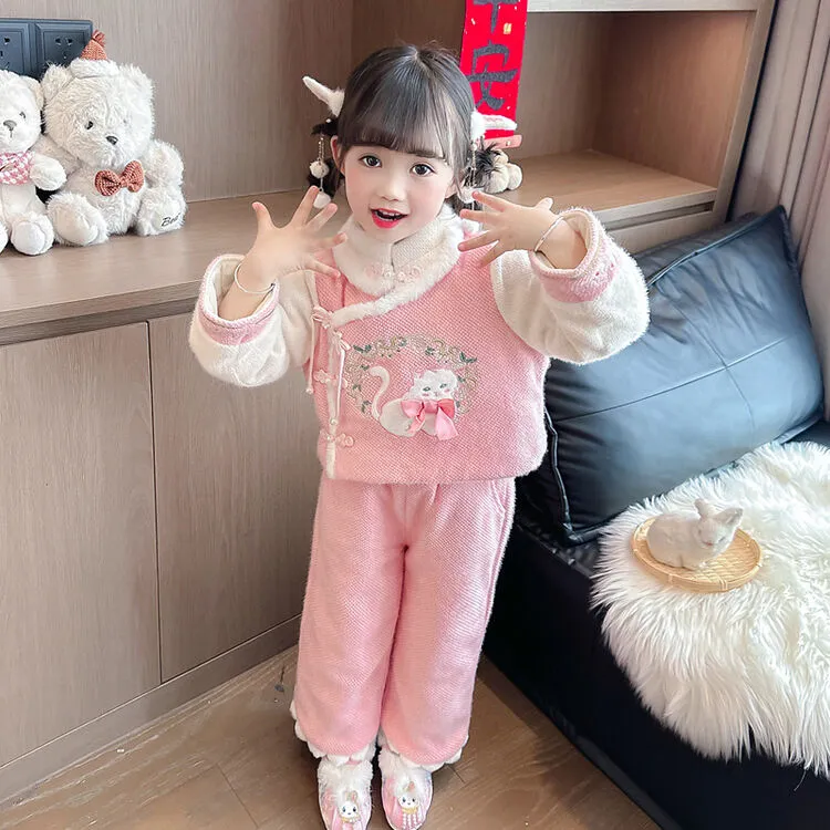 洋气女童喜庆唐装儿童过年拜年服小童国风汉服冬装周岁女宝宝礼服