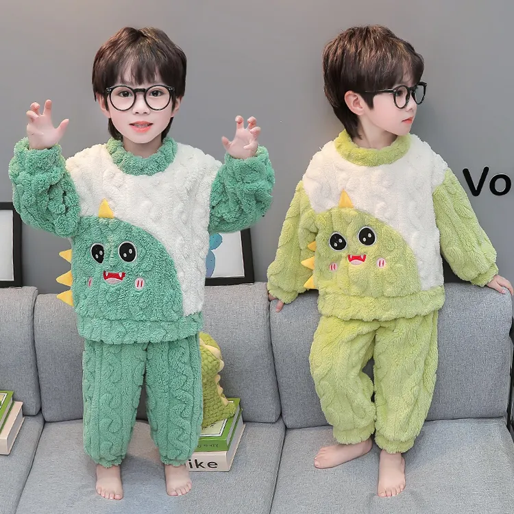 秋冬2024新款儿童北极绒睡衣男童恐龙幼儿家居服套头儿童宝宝加厚