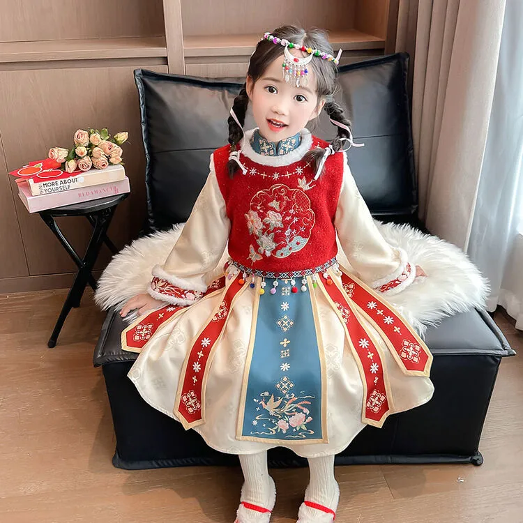 拜年服女童唐装汉服公主连衣裙冬季新年过年服宝宝儿童喜庆演出服