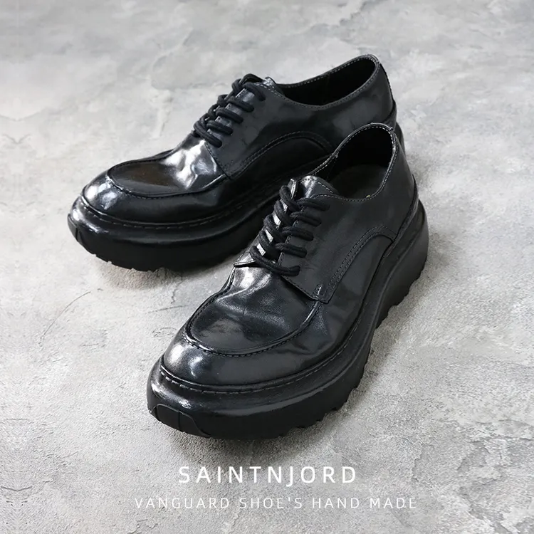 高端马皮鞋手工时尚商务休闲男老爹板鞋增高厚底水洗德比鞋男