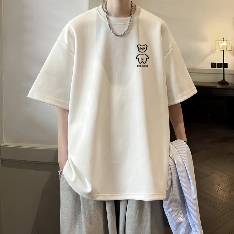 重磅麂皮短袖t恤男士夏季爆款2024新款潮牌美式休闲复古宽松半袖