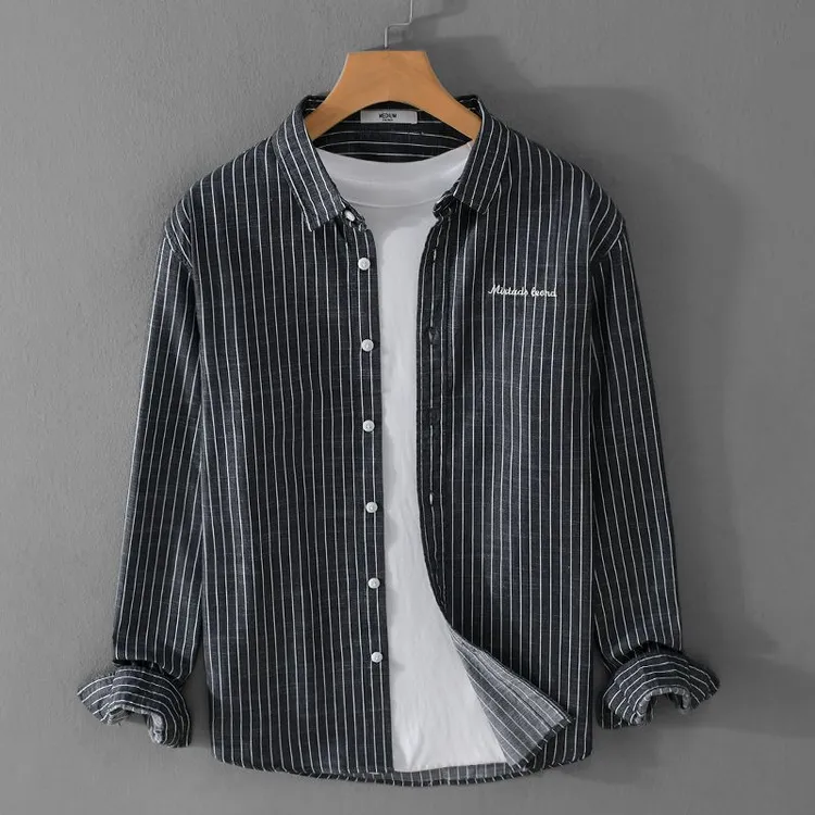高级感条纹衬衫男士2024秋季新款日系复古简约长袖衬衣春秋款上衣