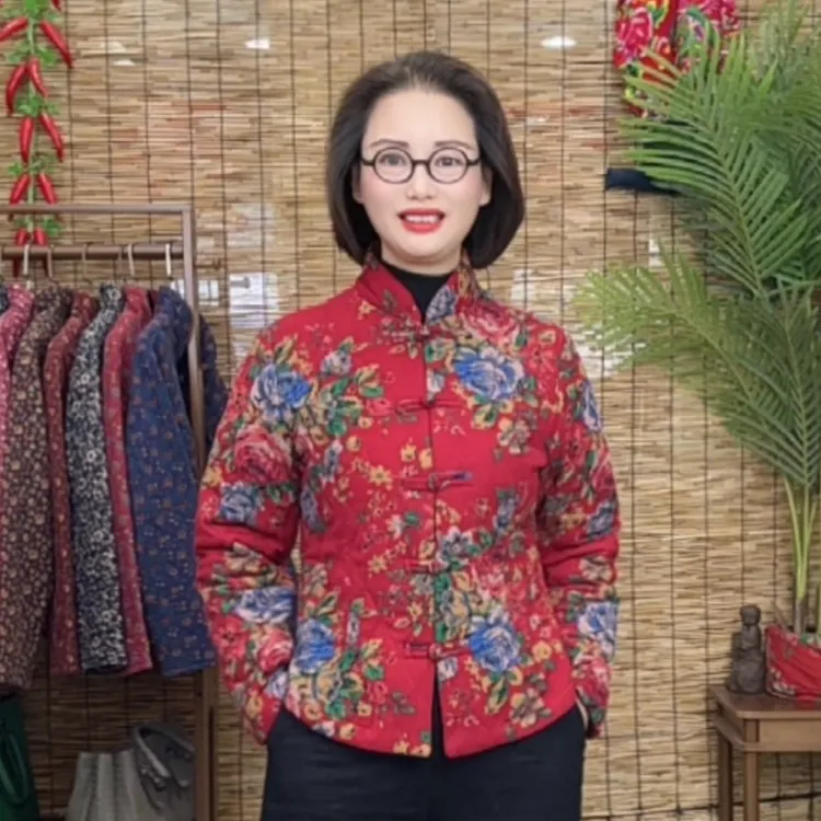 〈心悦〉双层纱斜纹棉立领盘扣长袖修身休闲棉衣喜庆优雅妈妈915-1