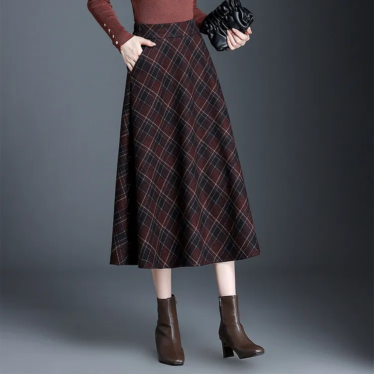 复古格子半身裙冬季毛呢a字长裙女时尚高端大气呢子格纹大摆裙秋