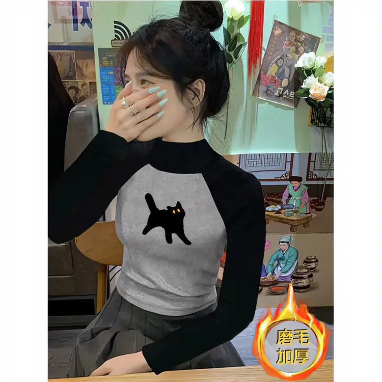 长袖t恤女半高领美式撞色拼接修身新款辣妹女秋冬显瘦磨毛打底衫