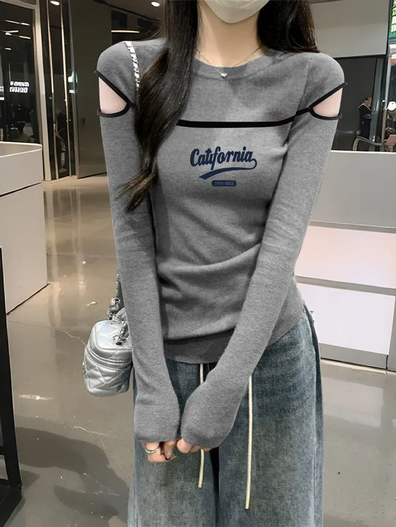 灰色秋冬百搭磨毛绒小众露肩修身欧货2024上衣打底衫长袖t恤女装