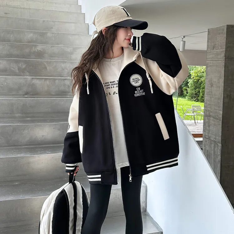 女童加厚外套加绒秋冬装2024简约儿童女大童棒球服开衫连帽卫衣潮