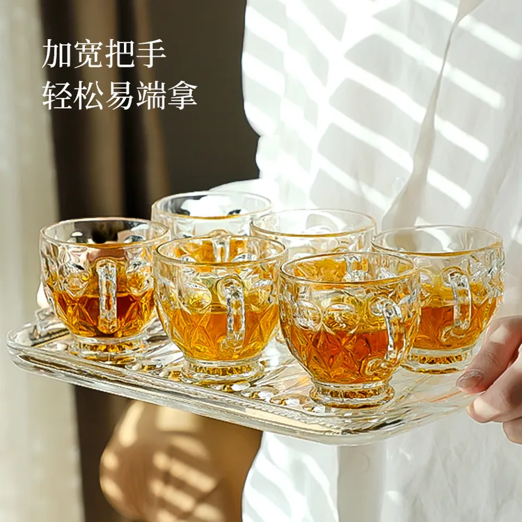 朗旭透明无铅玻璃杯带托盘泡牛奶花茶艺杯家用日常咖啡杯子带把手