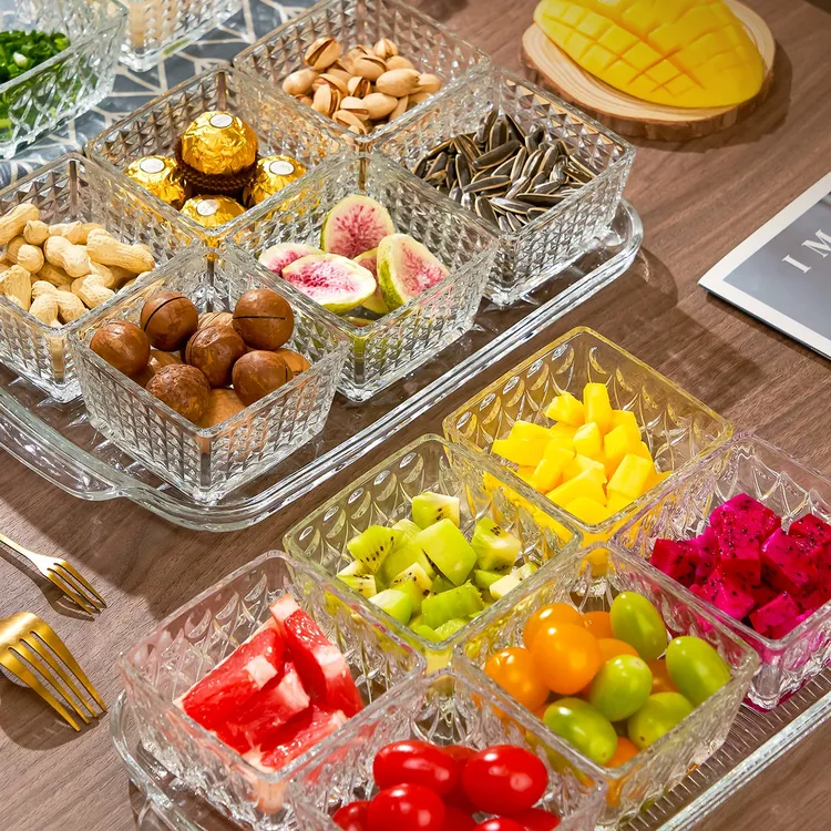 朗旭玻璃家用多功能分格盘零食盘商用点心盘透明水果盘分隔小吃碟