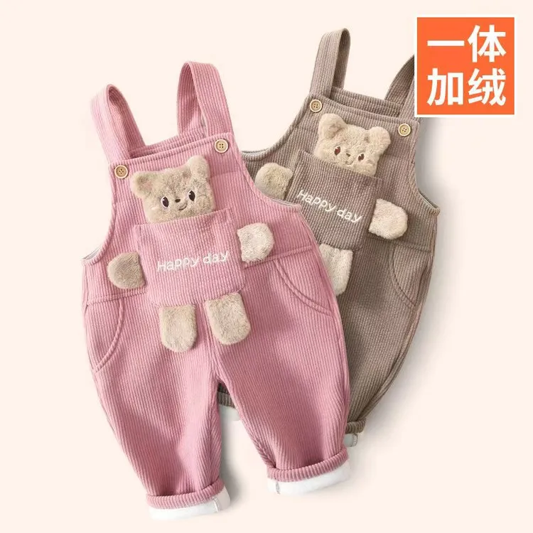 宝宝秋冬加绒背带裤加厚男童装一体绒一岁儿童女棉婴儿裤子保暖