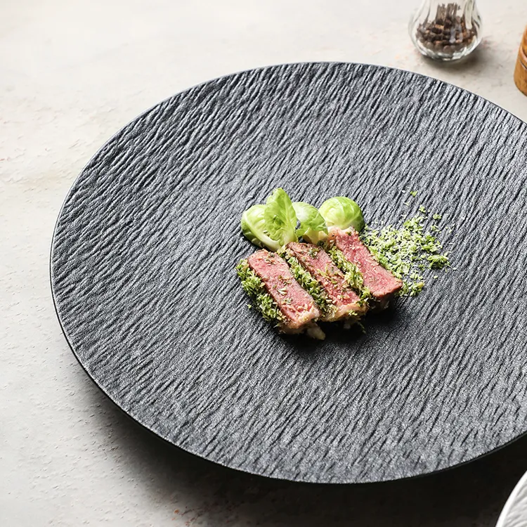 黑色高级感磨砂石纹西餐盘牛排盘意面盘创意圆形大盘酒店餐厅网红