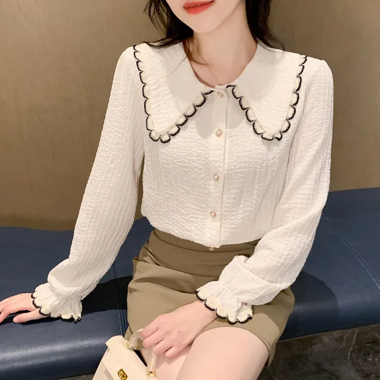 2025春秋新款甜美减龄蕾丝娃娃领衬衫女士长袖气质少女感时髦上衣